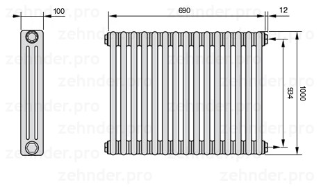 Схема (чертеж) Радиатор Zehnder Charleston 3100/15 №7610 Белый глянцевый RAL 9016